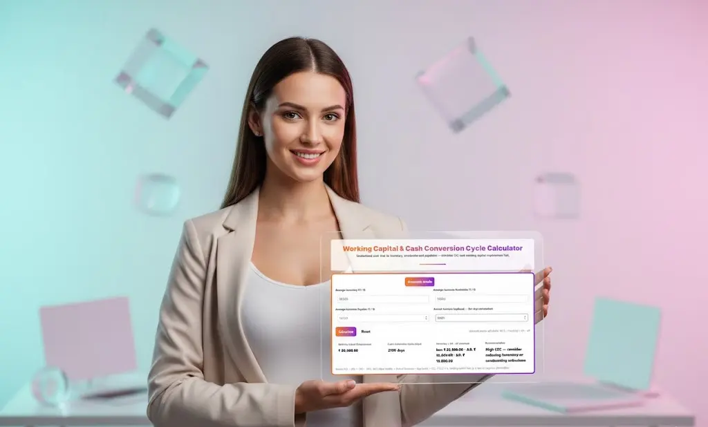 High-tech, minimalist office setting where a business professional is demonstrating a digital Working Capital Calculator application with modern UI shapes."