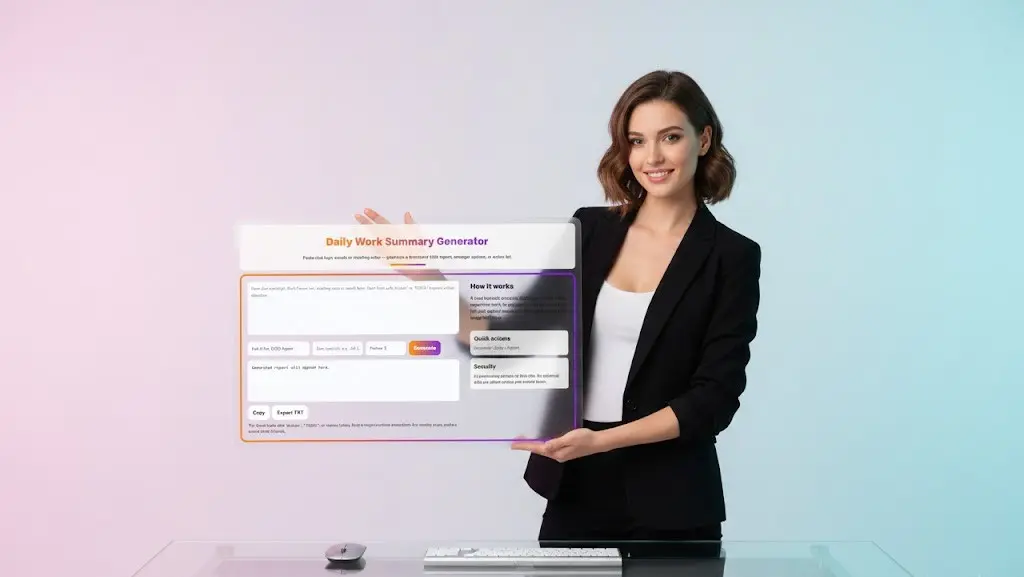 Smiling professional woman holding up a transparent screen displaying the output of the Daily Work Summary Generator.