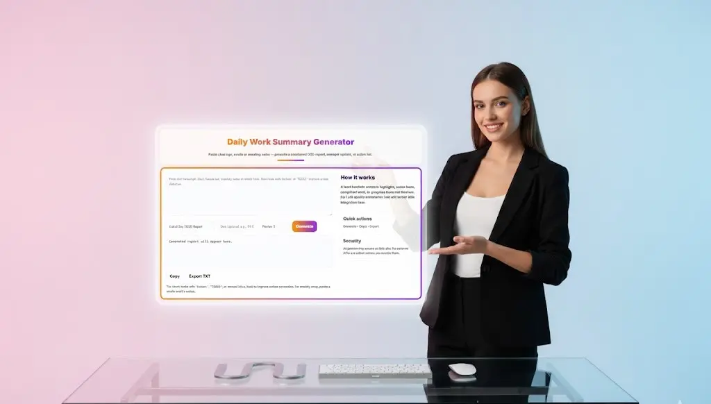 Woman presenting and gesturing toward a large, semi-transparent digital display showing the results from the Daily Work Summary Generator.