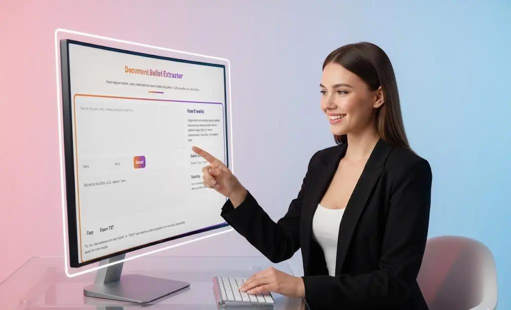 Businesswoman pointing at the Document Bullets Extractor interface on a large, curved desktop monitor.