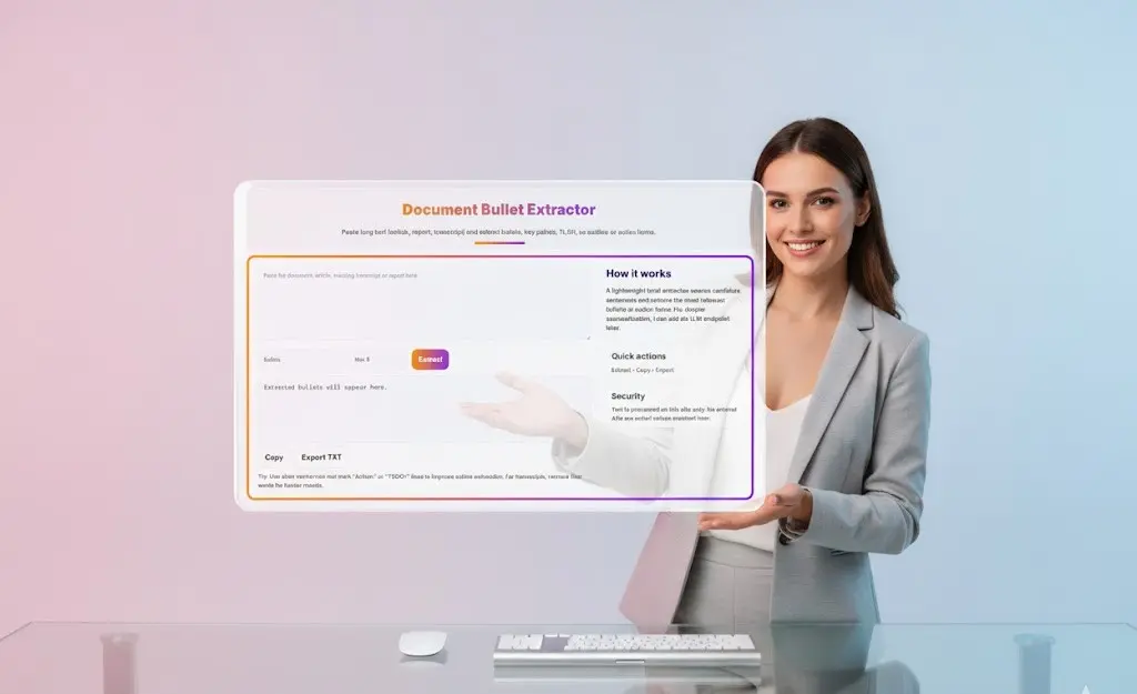 Woman presenting a transparent screen displaying the clean output from the Document Bullets Extractor.