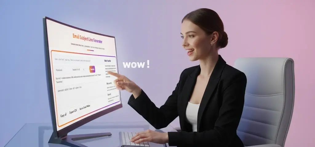 Businesswoman enthusiastically pointing at the Email Subject Line Generator interface on a large, curved desktop monitor.