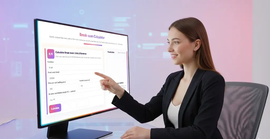 Professional woman using a clean, glowing digital interface that clearly displays a Break-Even Point Calculator tool on a large screen.