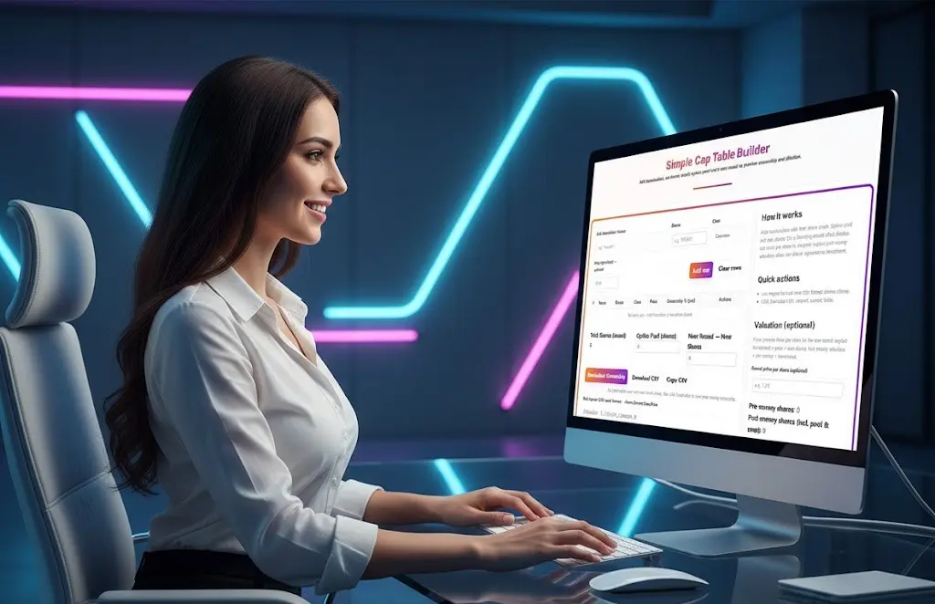 Business professional analyzing equity stakes and dilution using the clear layout of the CAP Builder Table