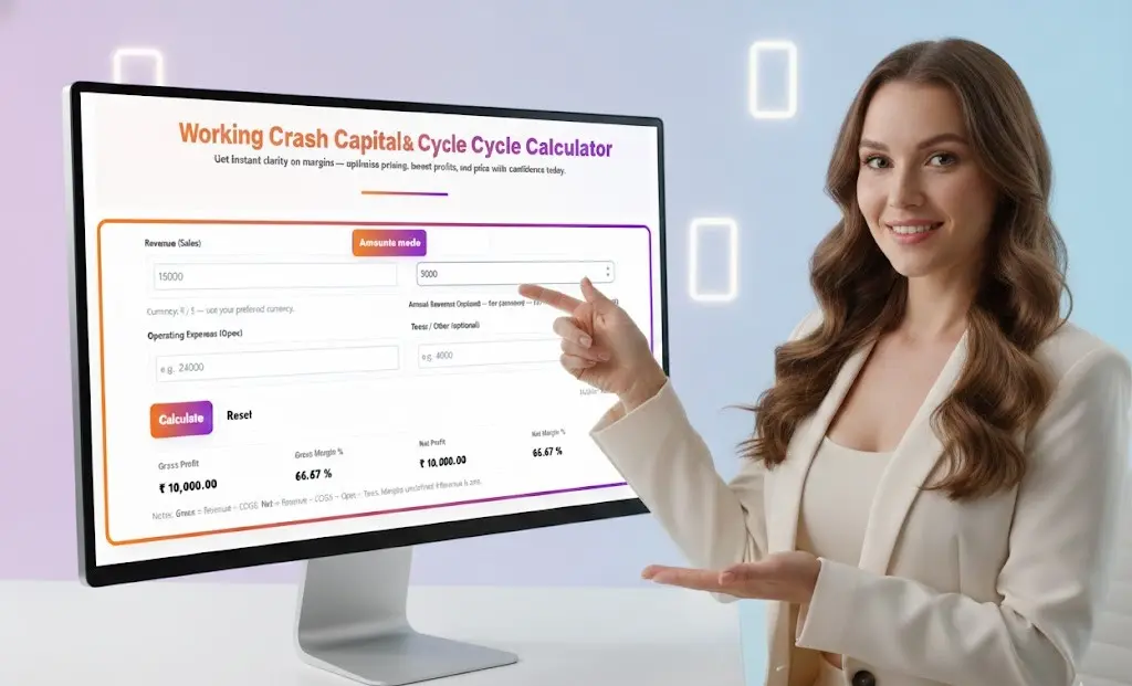 A professional woman smiling and engaged while utilizing a sleek, abstract Working Capital Calculator tool displayed full-screen on her desktop monitor."