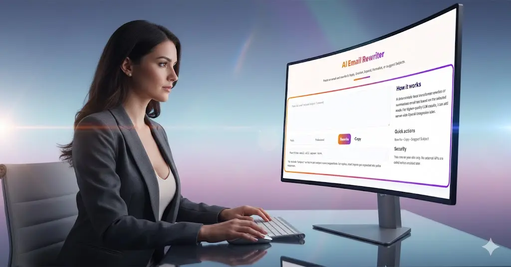 Woman presenting the AI Email Rewriter tool on a desktop monitor, highlighting its role as a professional email writer.
