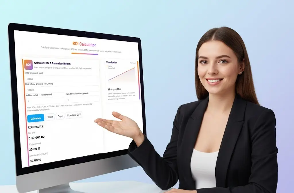Young professional woman demonstrating a clear, glowing ROI Calculator interface on a large computer screen in a clean, high-tech digital workspace."