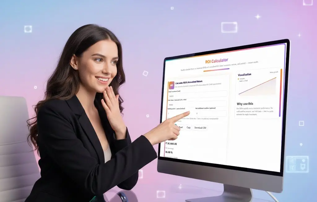 professional woman smiling and highly engaged while using a modern, abstract ROI Calculator tool displayed full-screen on her desktop monitor.