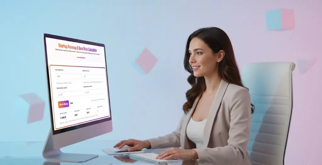 Startup Runway & Burn Rate Calculator 1 Digital workspace view of a Startup Runway and Burn Rate Calculator tool on a computer, used by a business professional for financial planning