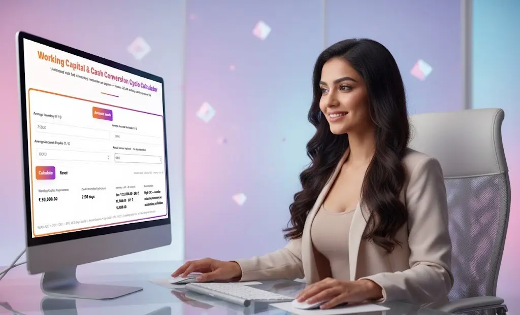 Professional woman analyzing business liquidity and financial health using a clear, digital Working Capital Calculator