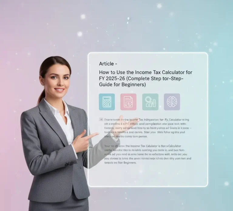 Visual guide for beginners: Income Tax Calculator for FY 2025–26 being displayed on a modern screen, promoted by a finance professional.