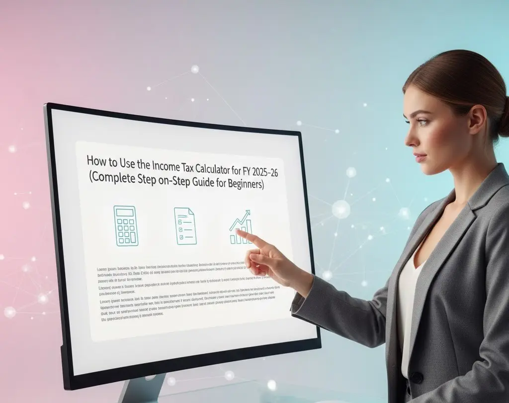 How to Use the Income Tax Calculator in 2025 (Step-by-Step Guide) 2 Professional woman reading an online guide titled 'How to Use the Income Tax Calculator for FY 2025–26 (Complete Step-by-Step Guide for Beginners)' on a large, glowing computer screen in a digital workspace.