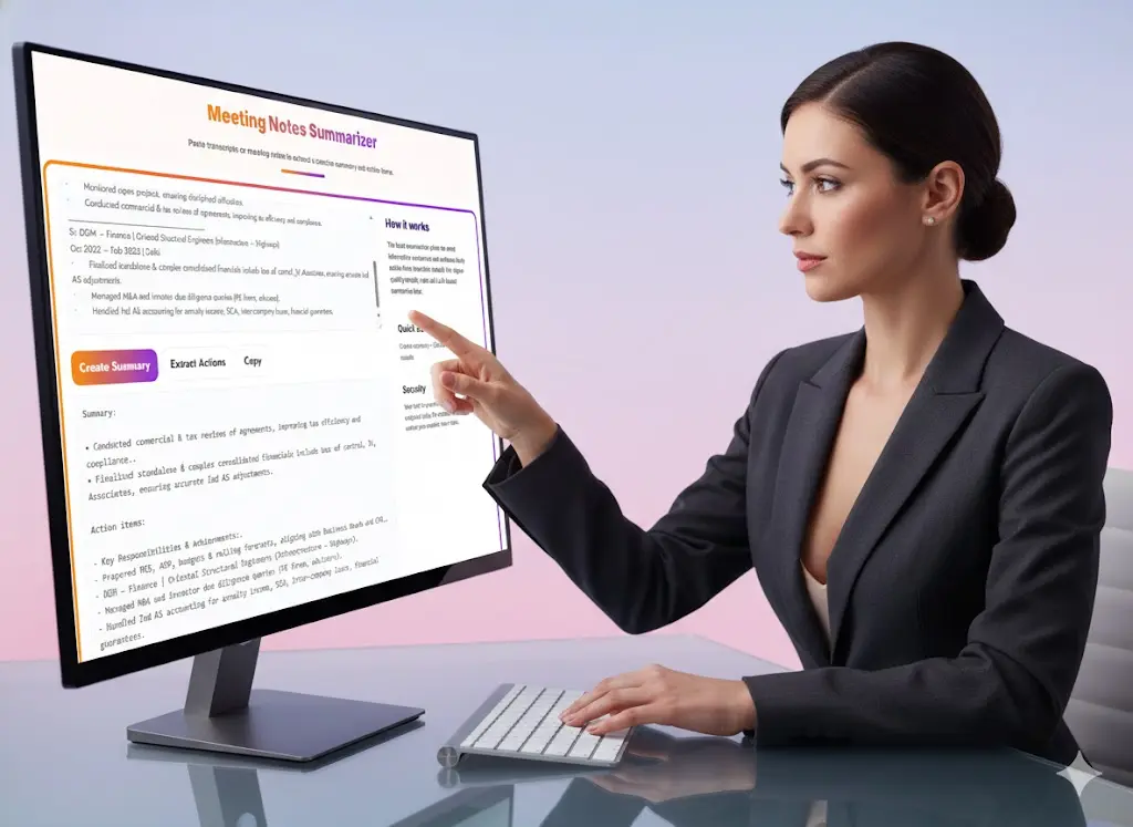 Woman pointing at details on Meeting Notes Summarizer interface.