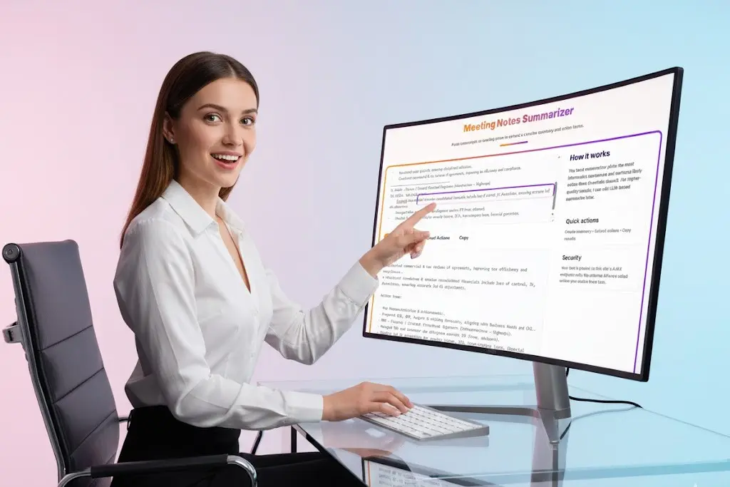 Businesswoman smiling, using Meeting Notes Summarizer on curved screen.
