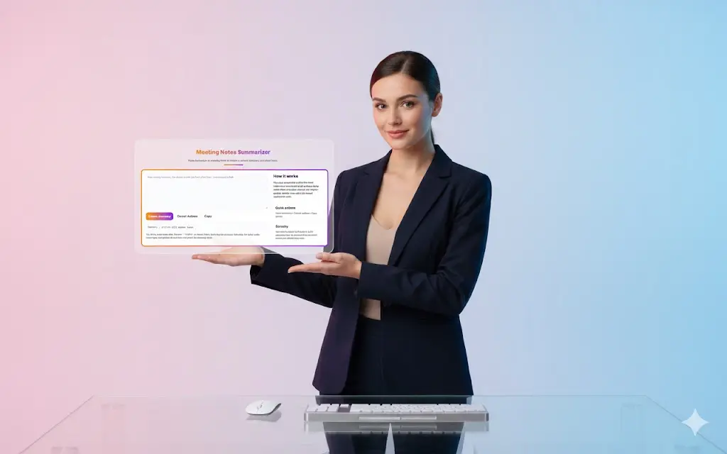 Woman presenting summary using Meeting Notes Summarizer floating screen.