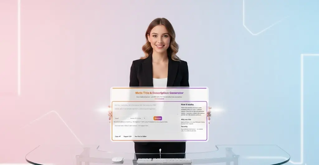 Meta Title & Description Generator 3 Smiling woman presenting a transparent screen displaying a digital report or summary.