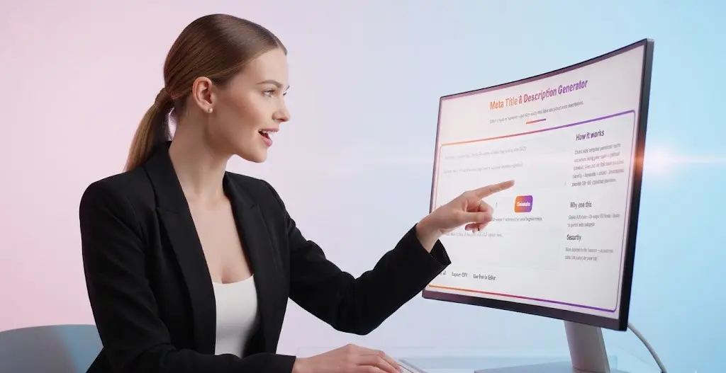 Meta Title & Description Generator 2 Professional woman pointing at a digital document interface on a large, curved desktop monitor.