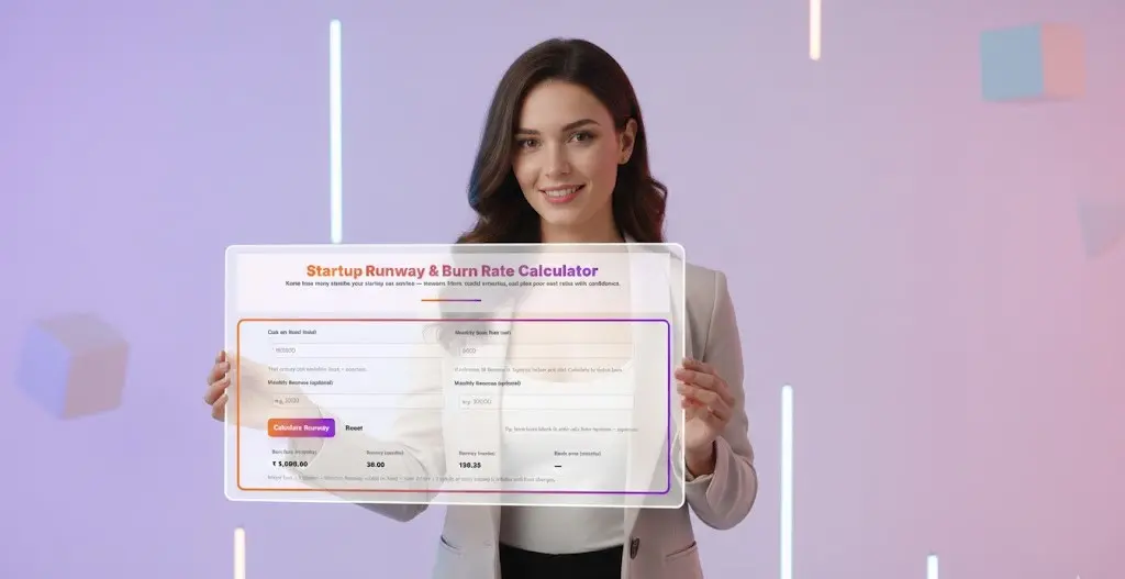 Startup Runway & Burn Rate Calculator 3 Sleek, minimalist aesthetic showing a professional woman demonstrating the clean UI of a full-screen Startup Runway and Burn Rate Calculator."