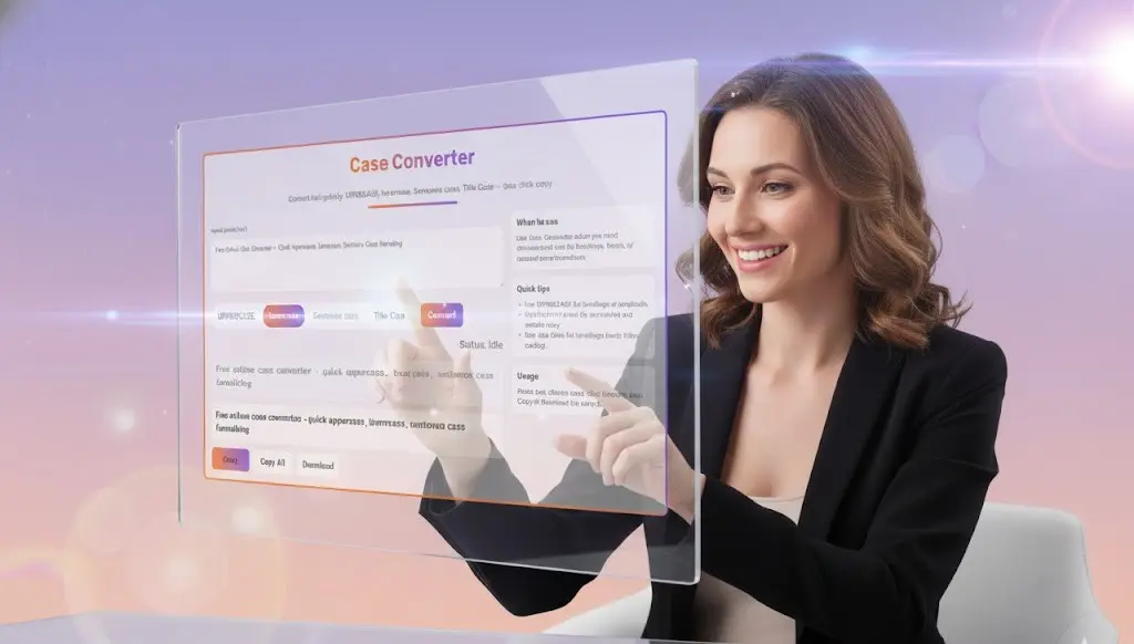 Minimalist, high-end tech workspace with a soft pastel gradient background. A professional woman (around 30s) uses a sleek, modern UI calculator on a full-screen desktop, demonstrating a positive user experience.