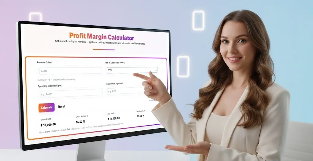 Finnish professional woman showing the banner/interface of the Profit Margin Calculator tool prominently displayed on a computer screen."