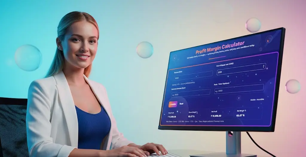 Business professional using a sleek, glowing Profit Margin Calculator application on a large computer screen in a clean office setting, emphasizing financial clarity."