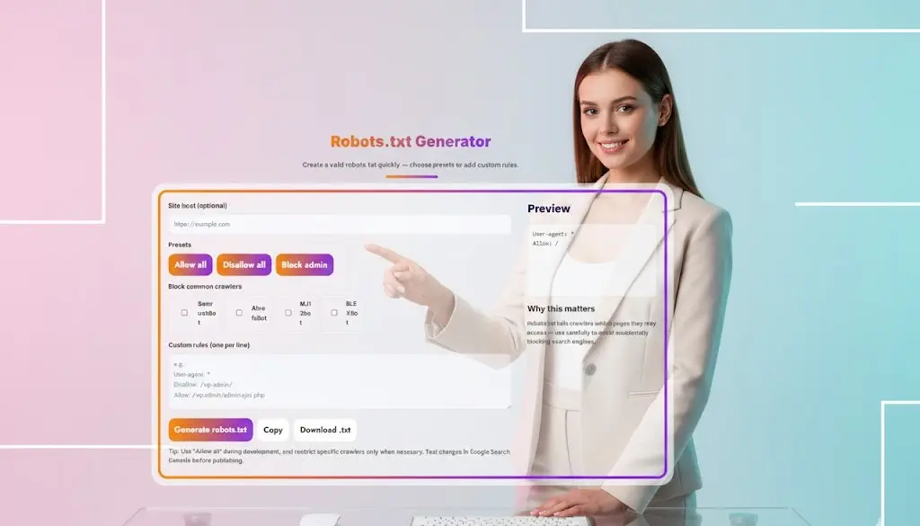 Woman sitting at a desk and pointing at the Task To Do Generator interface on a curved monitor.