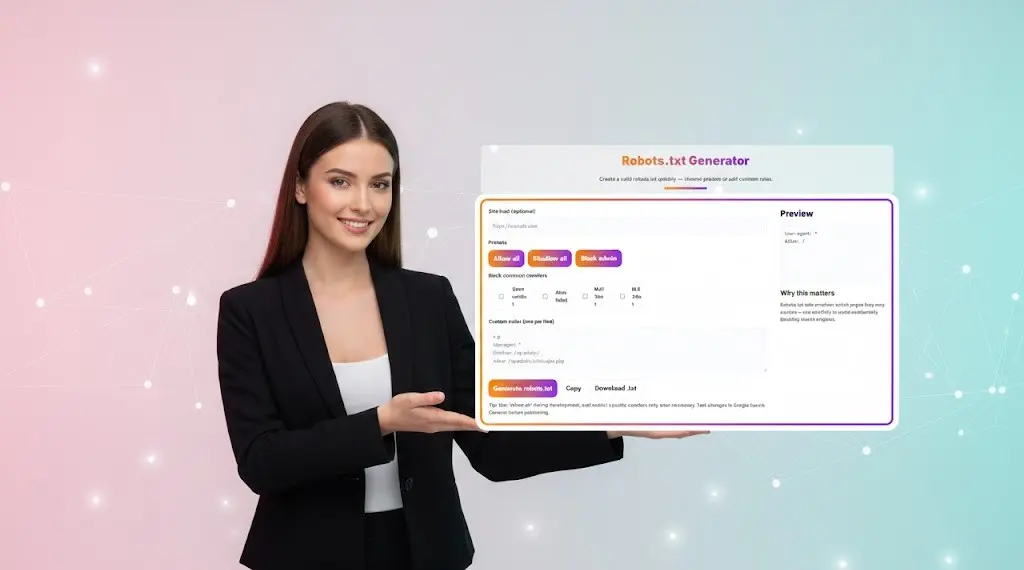 Smiling woman presenting a large, transparent screen displaying output from the Task To Do Generator.