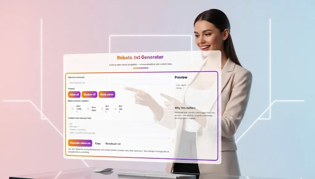 Woman pointing enthusiastically at a large, transparent digital screen displaying the Task To Do Generator interface.