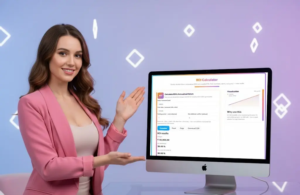 Professional woman promoting the features of the ROI Calculator tool displayed prominently on a large computer screen.