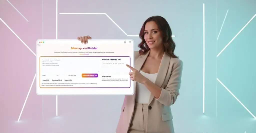 Female digital marketer presenting XML sitemap generator tool and website indexing strategies for search engine optimization