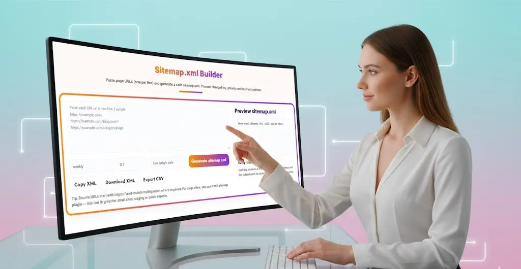 Professional hand pointing at sitemap.xml analytics dashboard showing website URL structure and SEO performance metrics