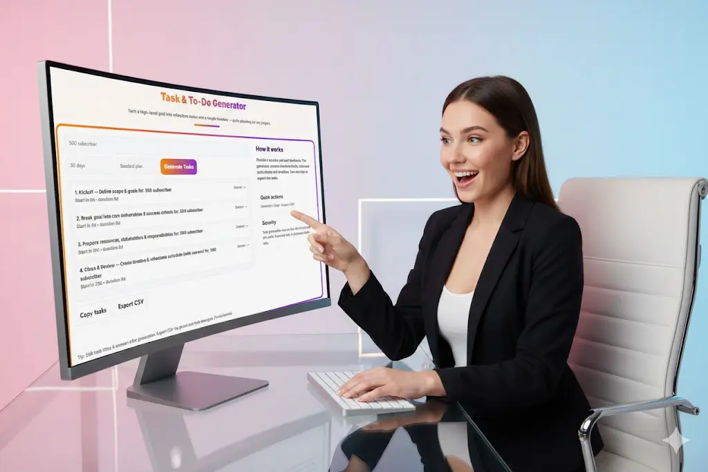 Smiling professional woman pointing at the Task & Idea Generator on a curved computer monitor.