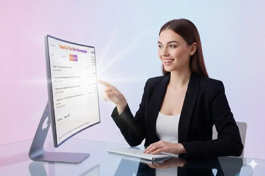 Woman interacting with the bright Task & Idea Generator interface on a curved screen.