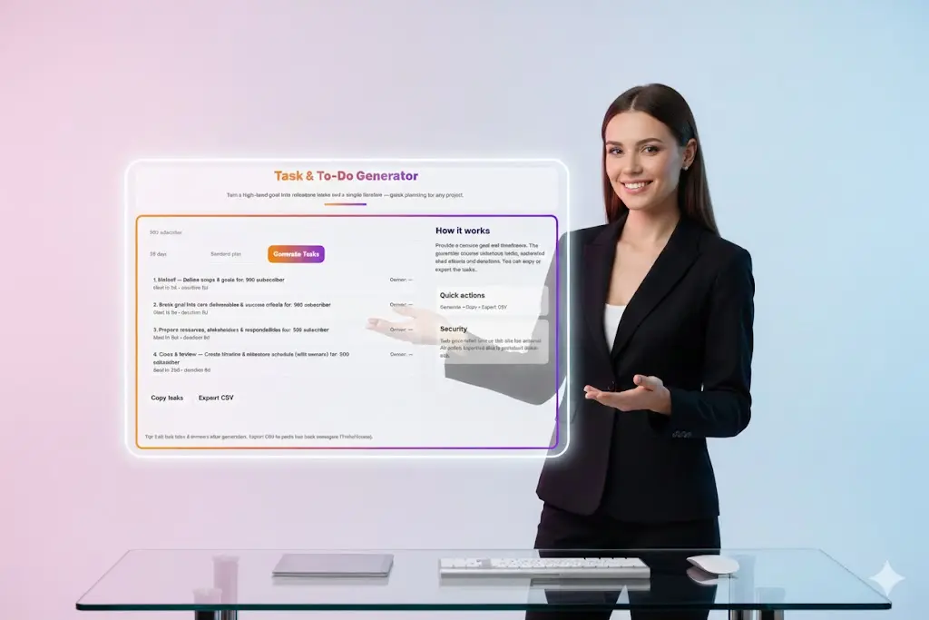 Businesswoman presenting content from the Task & Idea Generator on a transparent display.