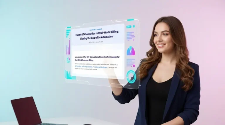 Business professional using an online financial calculator on a transparent digital screen