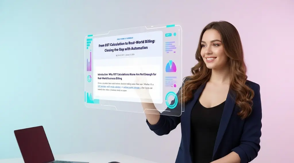 Business professional using an online financial calculator on a transparent digital screen