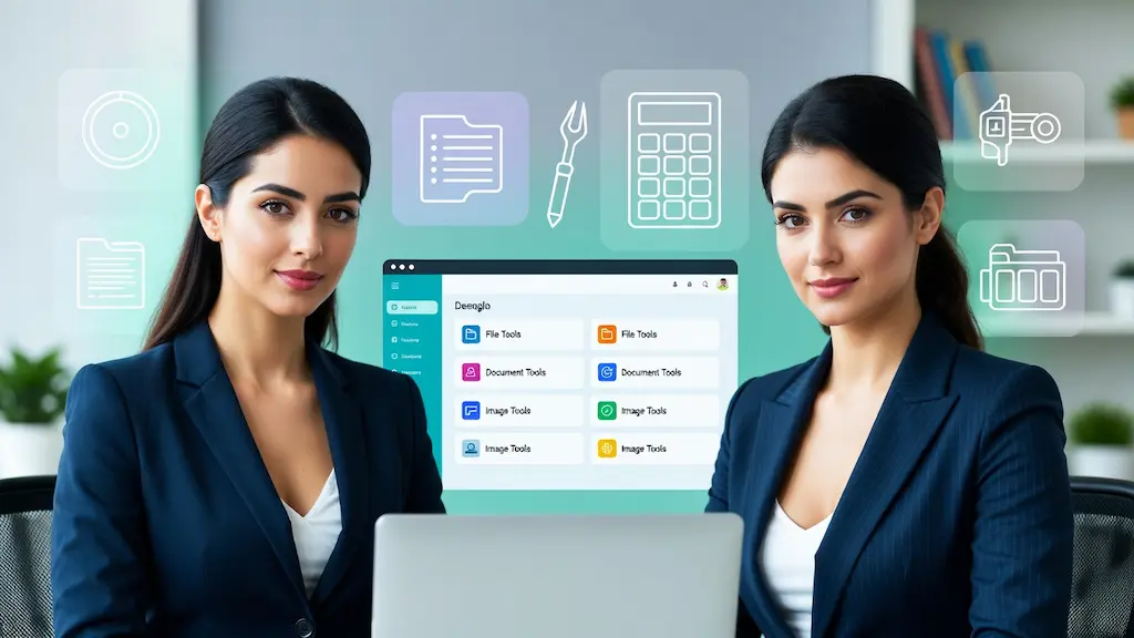 Professionals using digital tools dashboard for analytics, documents and productivity workflows