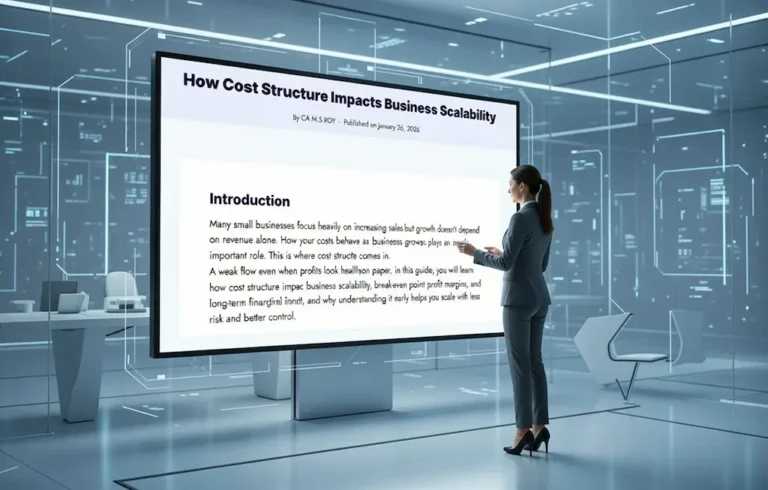 How Cost Structure Impacts Business Scalability 3 “Business professional explaining how cost structure impacts business scalability on a digital screen”