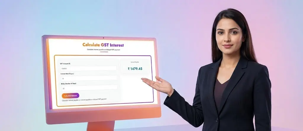 Coach guiding users on GST interest payable for delayed tax payment using GST calculator