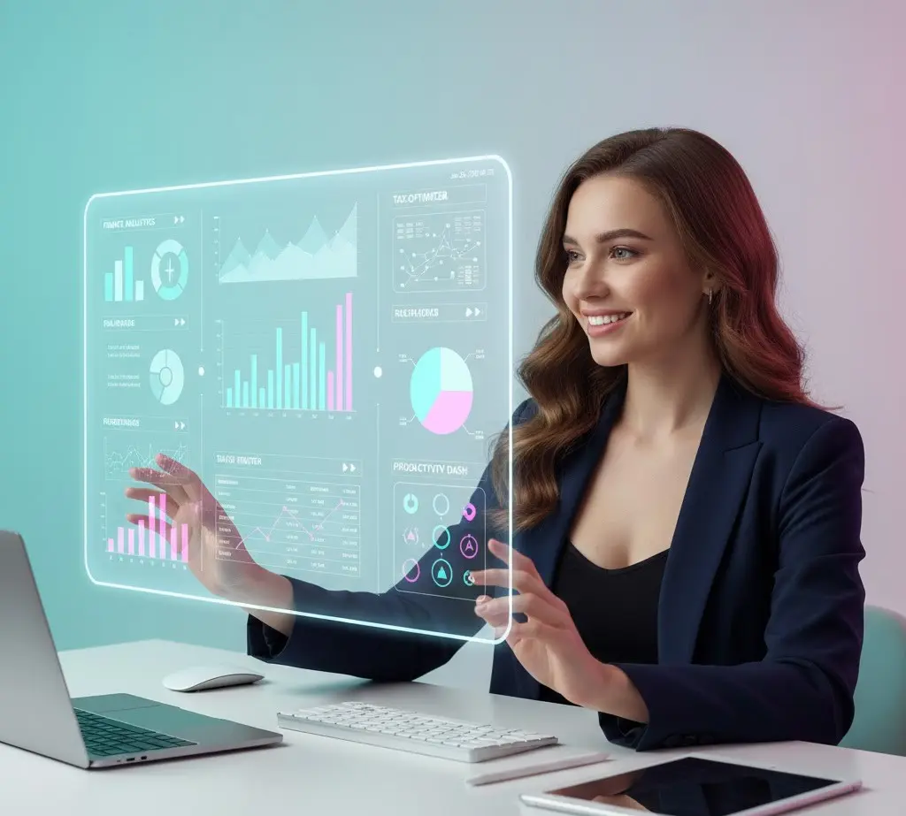 Professional woman using a digital dashboard and analytics tools on a computer screen