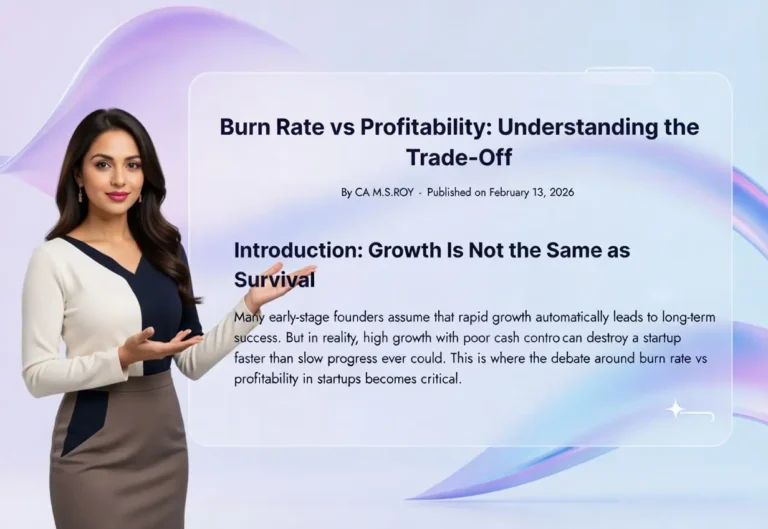 Business-themed image featuring a professional woman pointing to a presentation slide about burn rate and profitability in startups.