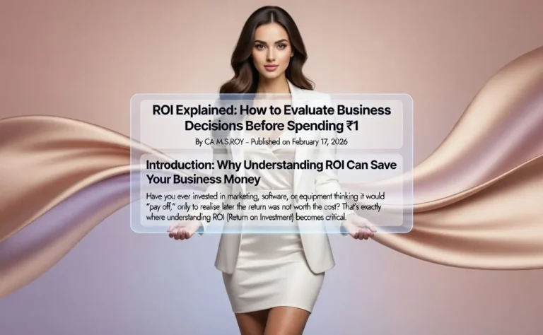 Presentation showing ROI formula and business decision evaluation guide