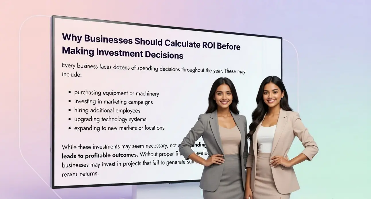 How Businesses Can Use ROI Calculators Before Spending Money 1 business team explaining ROI calculator for business decisions and investment evaluation