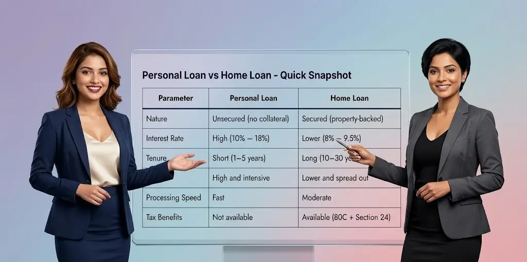 Personal Loan vs Home Loan EMI: Key Differences You Must Know (2026 Guide) 2 personal loan vs home loan EMI comparison table with key differences