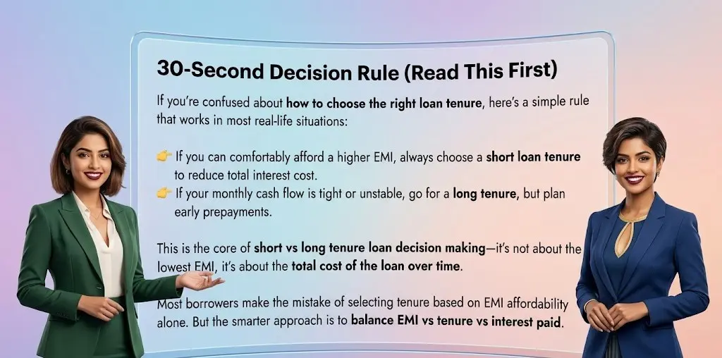 How to Choose the Right Loan Tenure (Short vs Long Tenure Explained + Smart Strategy) 2 Second decision rule to choose loan tenure based on EMI vs tenure and repayment strategy