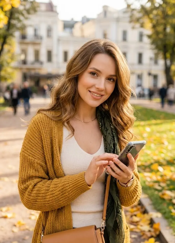 A woman in a yellow cardigan uses a phone with a prominent loan warning text overlay.