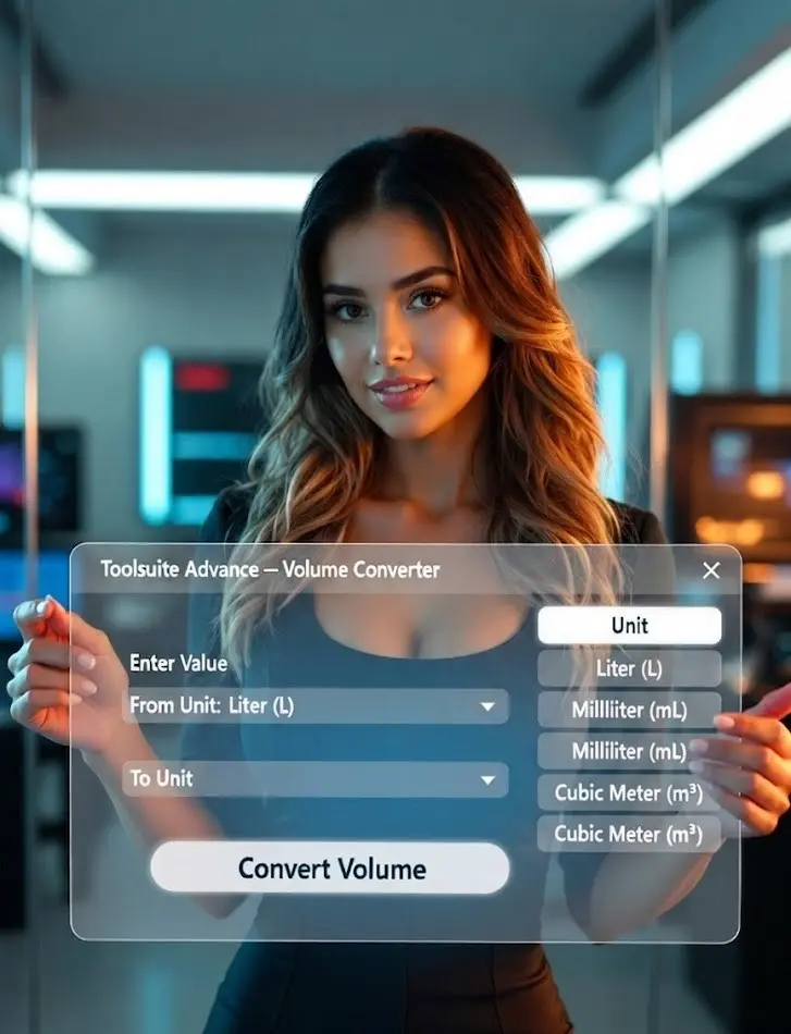 A professional woman stands behind a transparent holographic interface titled 'Toolsuite Advance – Volume Converter' in a modern office.